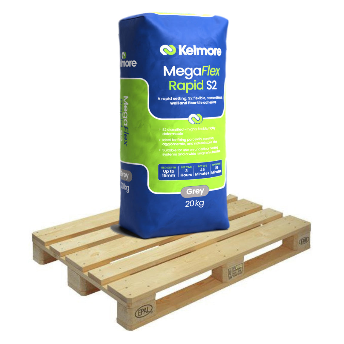 Kelmore MegaFlex Rapid Setting S2 Tile Adhesive, Grey 20kg Quarter Pallet (12 Bags Tail Lift)