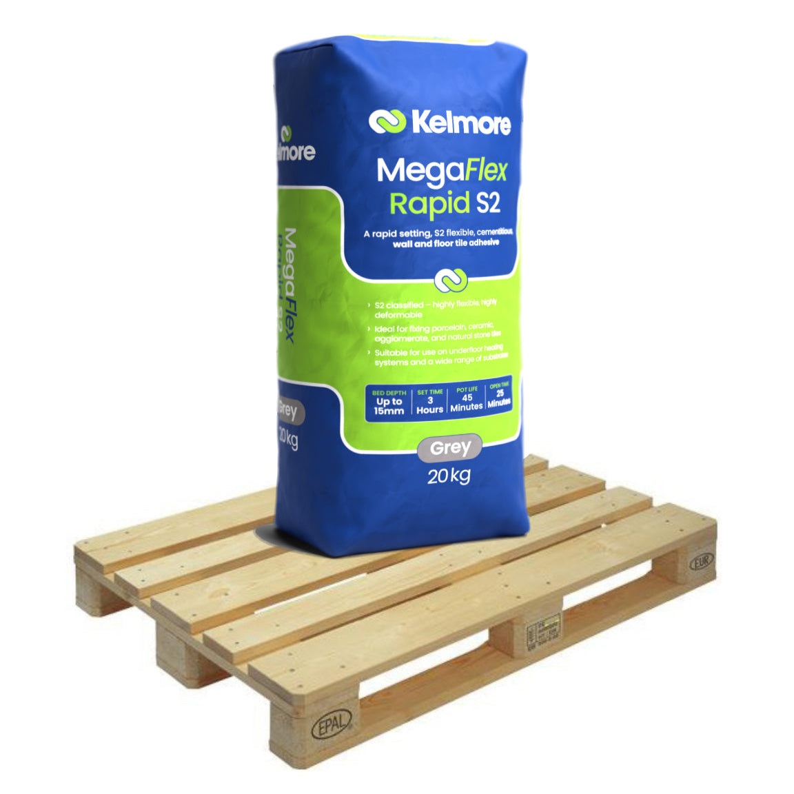 Kelmore MegaFlex Rapid Setting S2 Tile Adhesive, GREY 20kg Full Pallet (48 Bag Tail Lift)