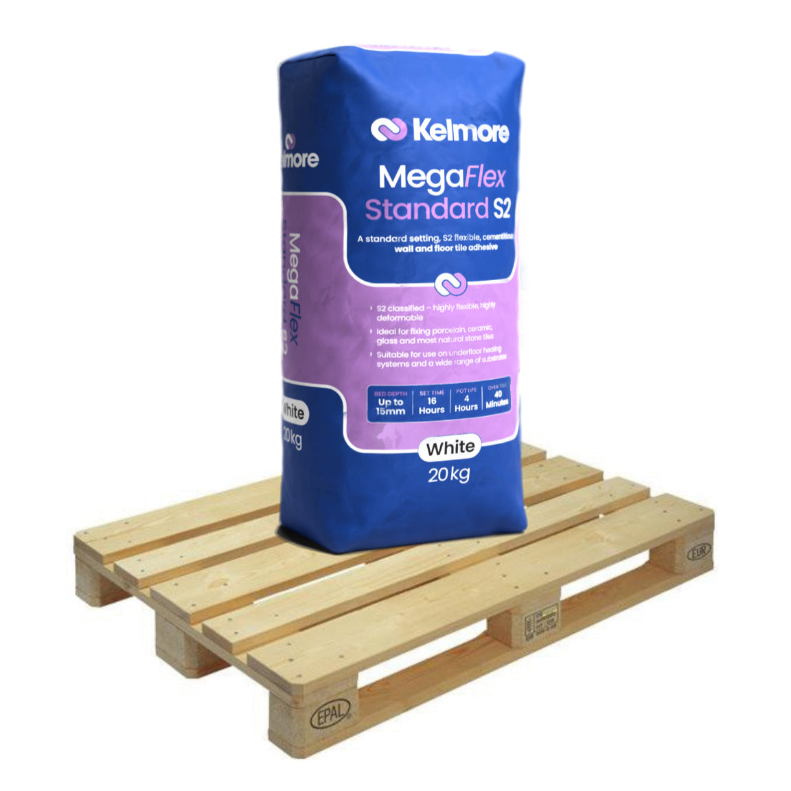 Kelmore MegaFlex Standard Setting S2 Tile Adhesive WHITE 20kg Full Pallet (48 Bag Tail Lift)