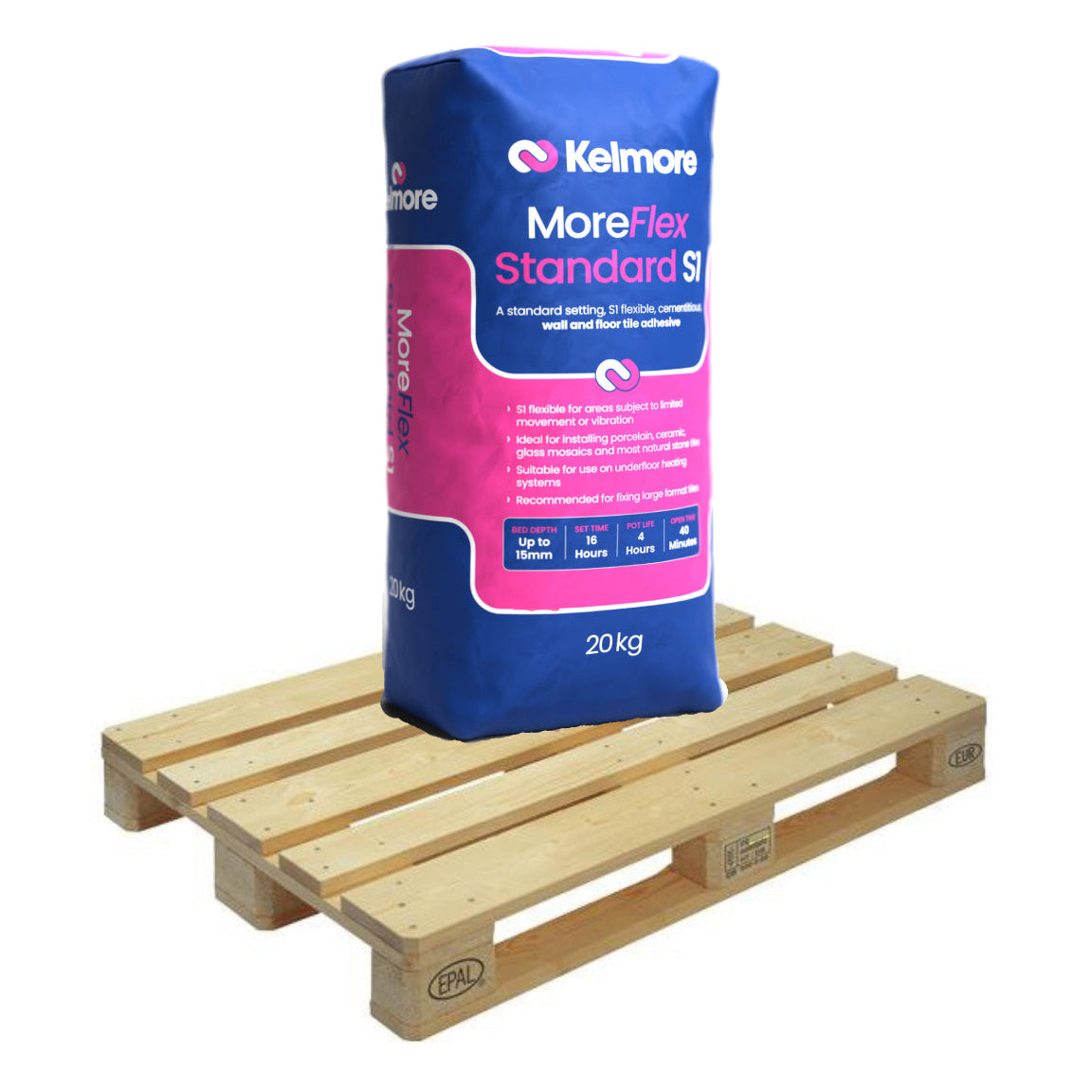 Kelmore MoreFlex Standard Setting S1 Tile Adhesive, WHITE 20kg Half Pallet (25 Bags Tail Lift)