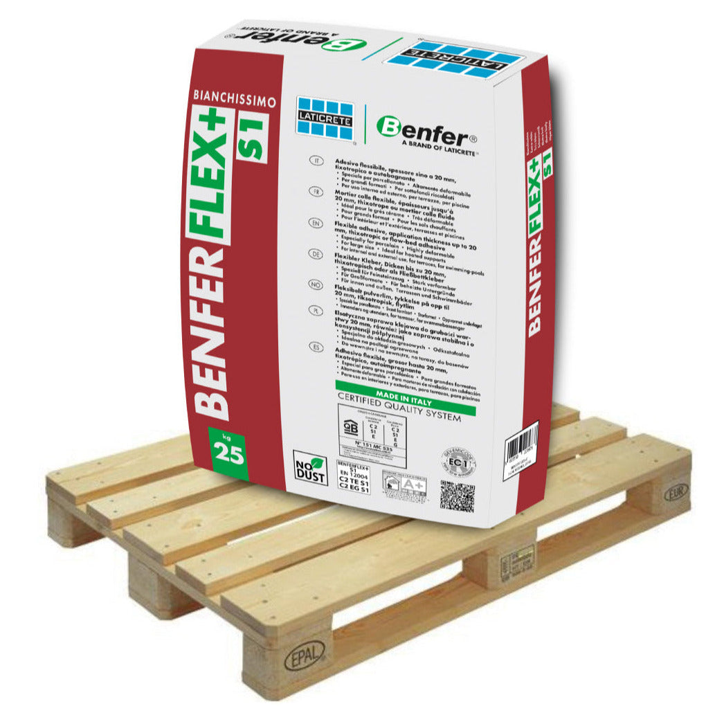 BenferFlex +S1 High Yield Standard Set Flexible Adhesive White. 25kg Half Pallet (20 Bags Tail Lift)