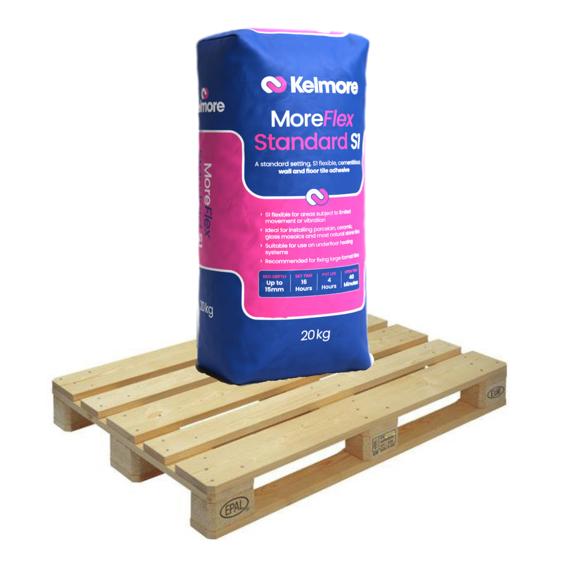 Kelmore MoreFlex Standard Setting S1 Tile Adhesive, GREY 20kg Quarter Pallet (12 Bags Tail Lift)