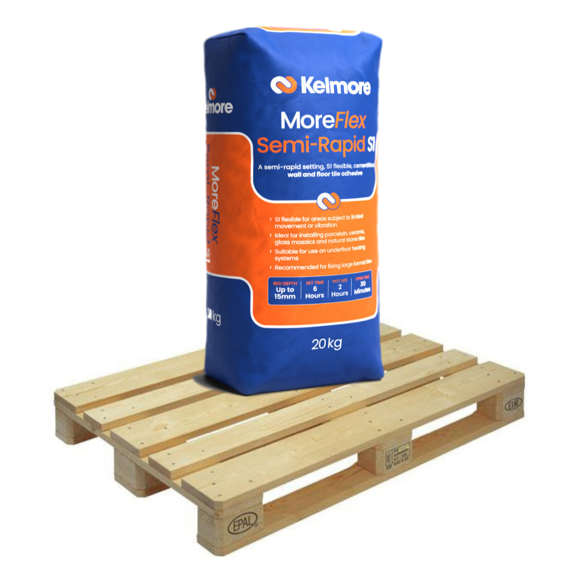 Kelmore MoreFlex Semi-Rapid Setting S1 Tile Adhesive, GREY 20kg Quarter Pallet (12 Bags Tail Lift)