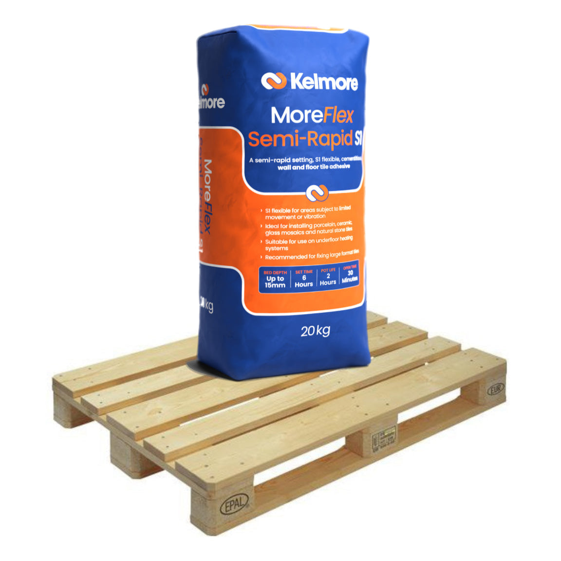 Kelmore MoreFlex Semi-Rapid Setting S1 Tile Adhesive, GREY 20kg Half Pallet (25 Bags Tail Lift)